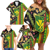 Hawaiian Tropical Plants Lei Family Matching Off Shoulder Short Dress and Hawaiian Shirt Kanaka Maoli Tribal with Palaka Motifs - Polynesian Pride