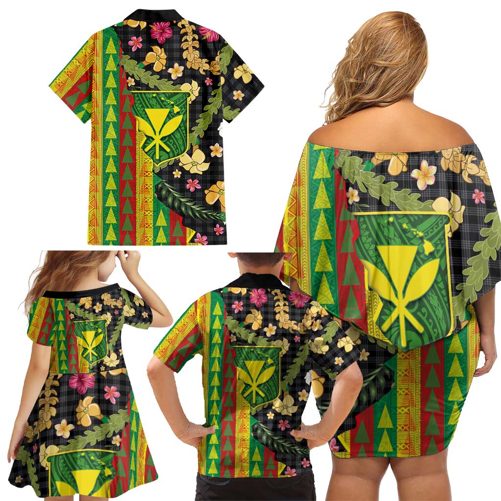 Hawaiian Tropical Plants Lei Family Matching Off Shoulder Short Dress and Hawaiian Shirt Kanaka Maoli Tribal with Palaka Motifs - Polynesian Pride