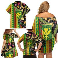 Hawaiian Tropical Plants Lei Family Matching Off Shoulder Short Dress and Hawaiian Shirt Kanaka Maoli Tribal with Palaka Motifs - Polynesian Pride