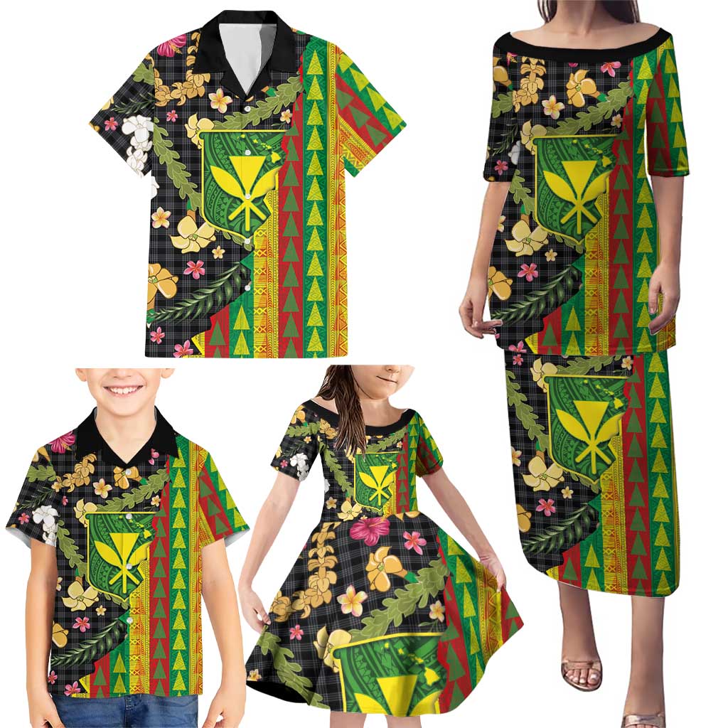 Hawaiian Tropical Plants Lei Family Matching Puletasi and Hawaiian Shirt Kanaka Maoli Tribal with Palaka Motifs - Polynesian Pride
