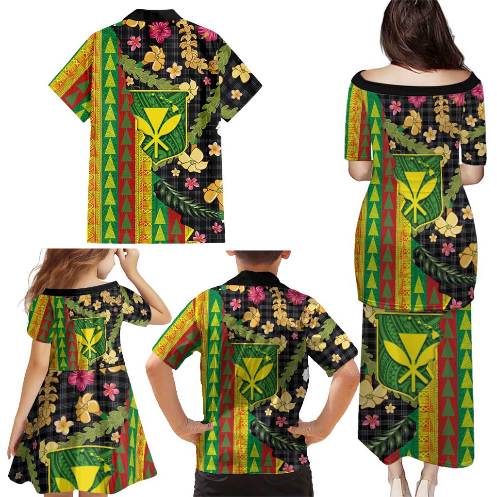 Hawaiian Tropical Plants Lei Family Matching Puletasi and Hawaiian Shirt Kanaka Maoli Tribal with Palaka Motifs - Polynesian Pride