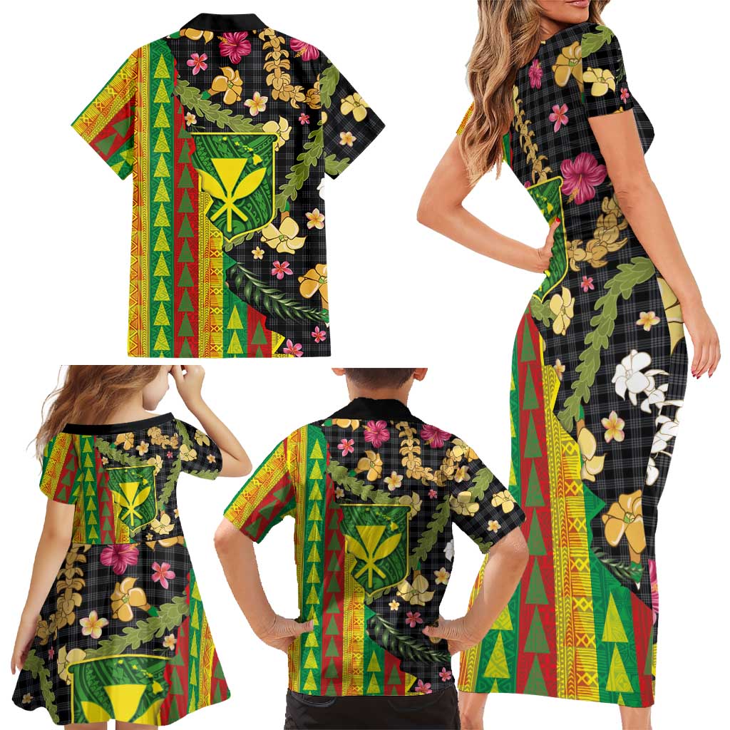 Hawaiian Tropical Plants Lei Family Matching Short Sleeve Bodycon Dress and Hawaiian Shirt Kanaka Maoli Tribal with Palaka Motifs - Polynesian Pride
