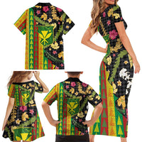 Hawaiian Tropical Plants Lei Family Matching Short Sleeve Bodycon Dress and Hawaiian Shirt Kanaka Maoli Tribal with Palaka Motifs - Polynesian Pride