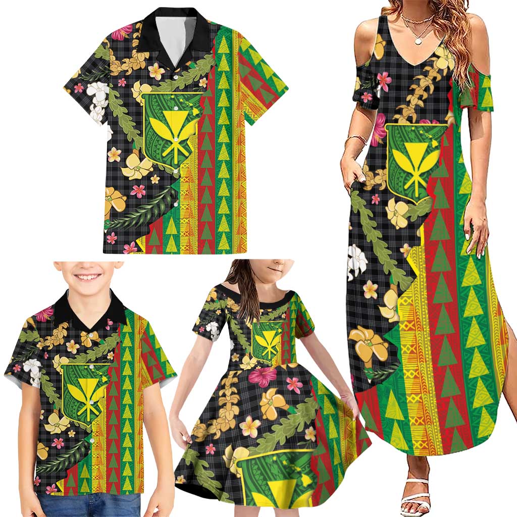 Hawaiian Tropical Plants Lei Family Matching Summer Maxi Dress and Hawaiian Shirt Kanaka Maoli Tribal with Palaka Motifs - Polynesian Pride