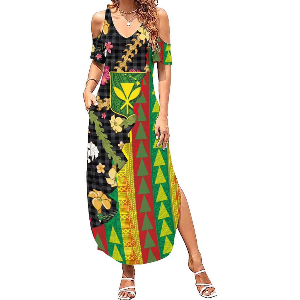Hawaiian Tropical Plants Lei Family Matching Summer Maxi Dress and Hawaiian Shirt Kanaka Maoli Tribal with Palaka Motifs - Polynesian Pride