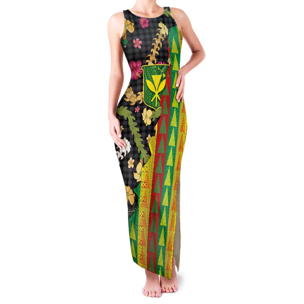 Hawaiian Tropical Plants Lei Family Matching Tank Maxi Dress and Hawaiian Shirt Kanaka Maoli Tribal with Palaka Motifs - Polynesian Pride