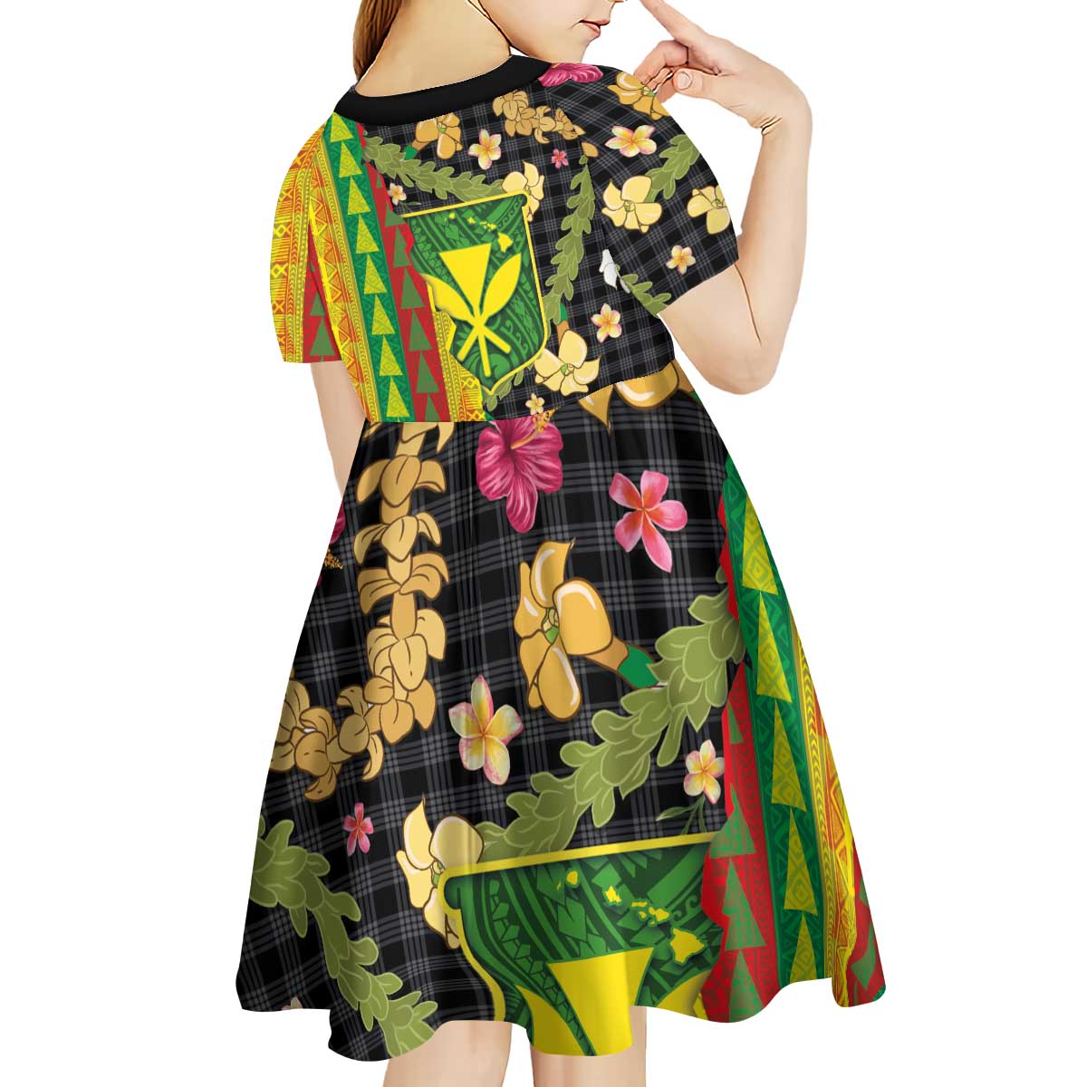 Hawaiian Tropical Plants Lei Kid Short Sleeve Dress Kanaka Maoli Tribal with Palaka Motifs - Polynesian Pride
