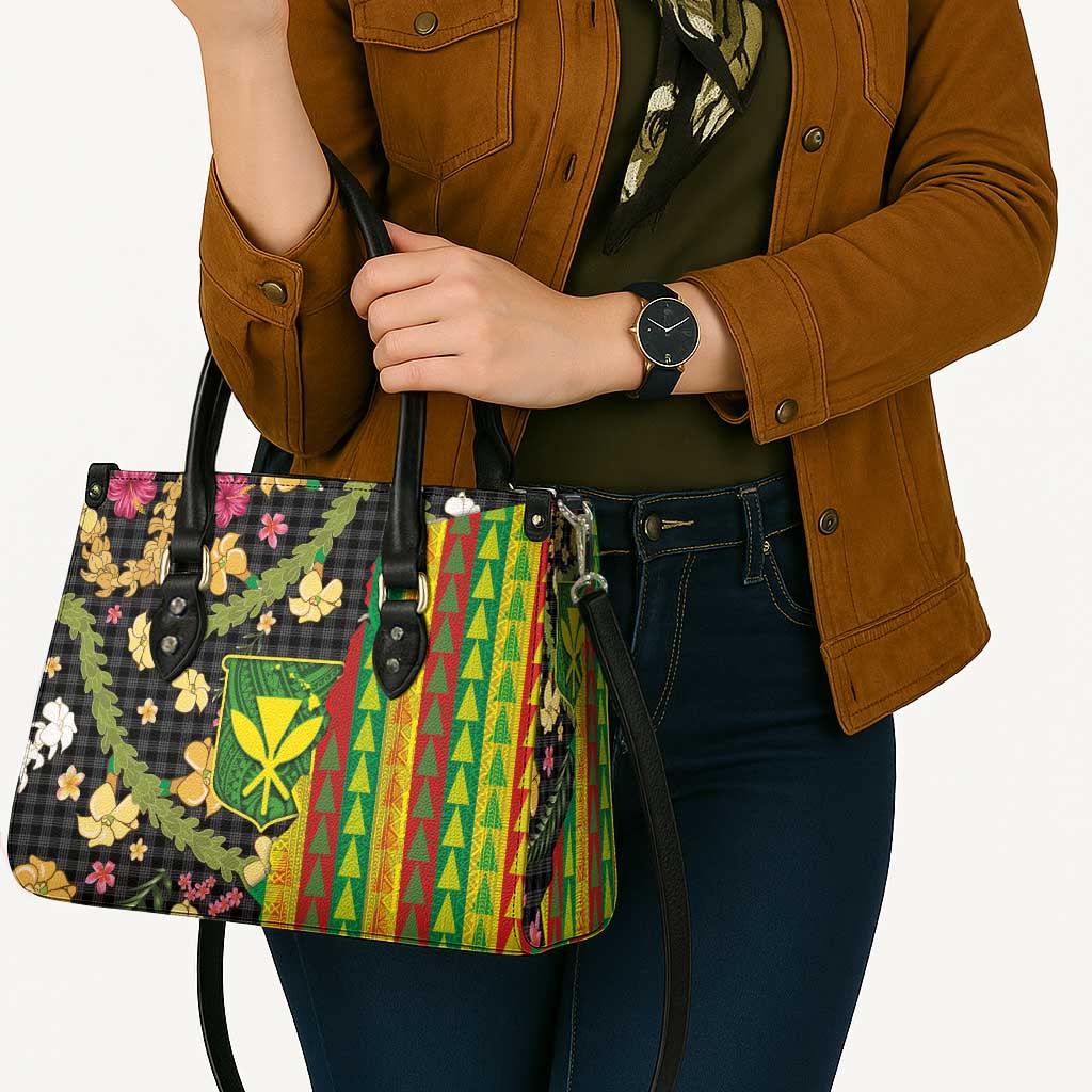 Hawaiian Tropical Plants Lei Leather Bag Kanaka Maoli Tribal with Palaka Motifs - Polynesian Pride