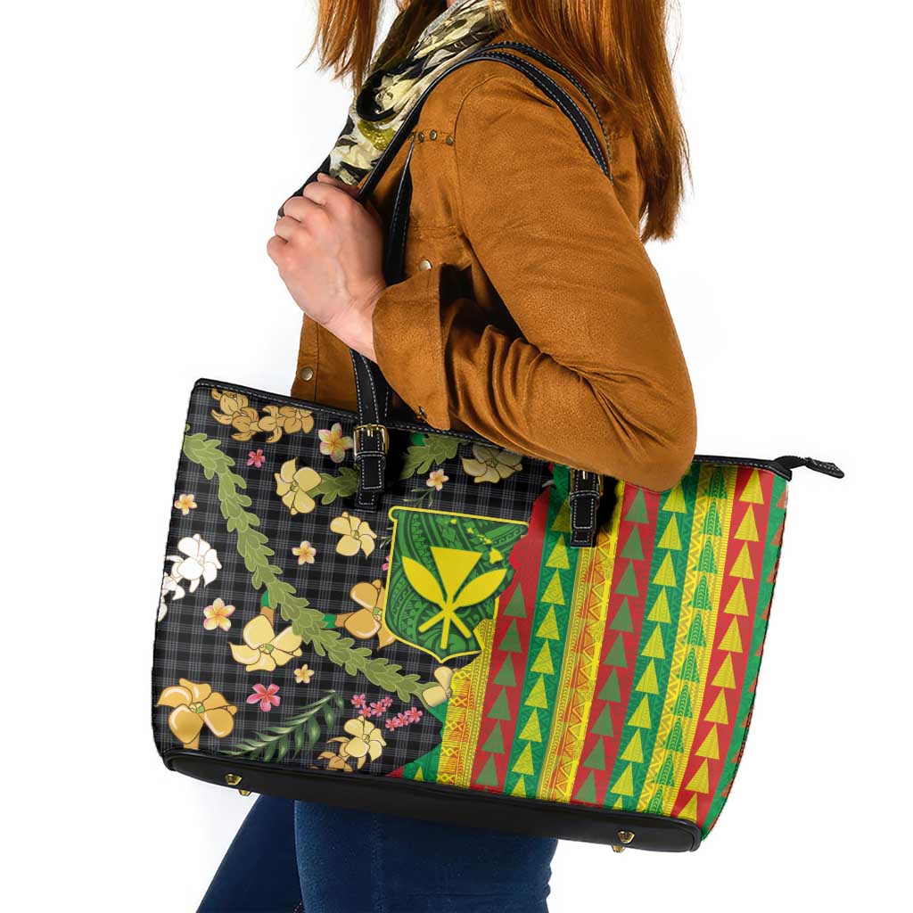 Hawaiian Tropical Plants Lei Leather Tote Bag Kanaka Maoli Tribal with Palaka Motifs LT03 Multicolor - Polynesian Pride