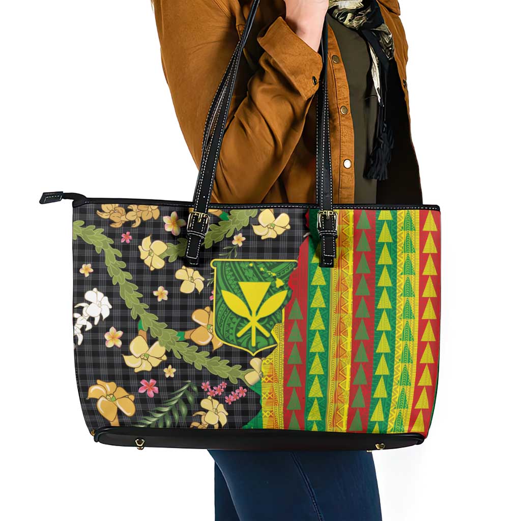 Hawaiian Tropical Plants Lei Leather Tote Bag Kanaka Maoli Tribal with Palaka Motifs LT03 - Polynesian Pride