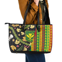 Hawaiian Tropical Plants Lei Leather Tote Bag Kanaka Maoli Tribal with Palaka Motifs LT03 - Polynesian Pride
