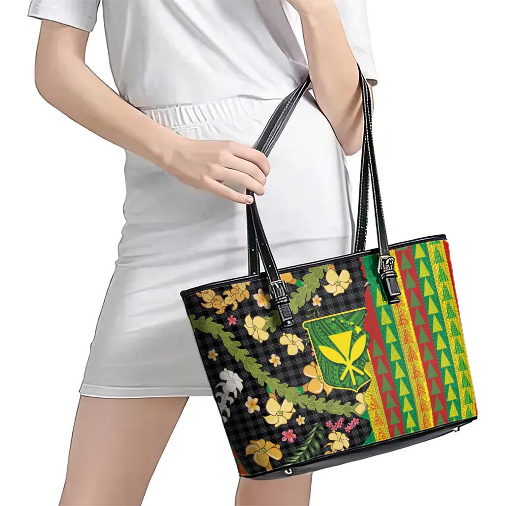 Hawaiian Tropical Plants Lei Leather Tote Bag Kanaka Maoli Tribal with Palaka Motifs LT03 - Polynesian Pride
