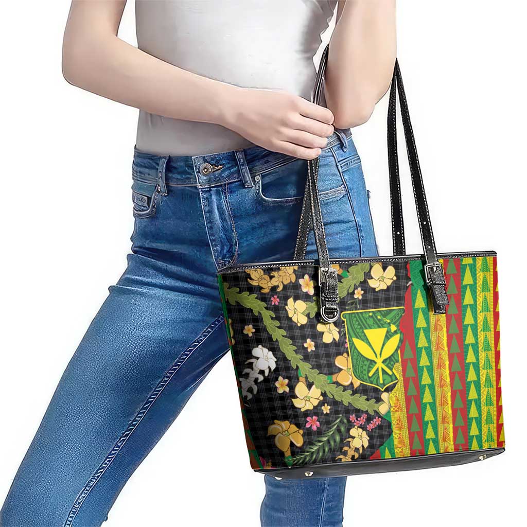 Hawaiian Tropical Plants Lei Leather Tote Bag Kanaka Maoli Tribal with Palaka Motifs LT03 - Polynesian Pride