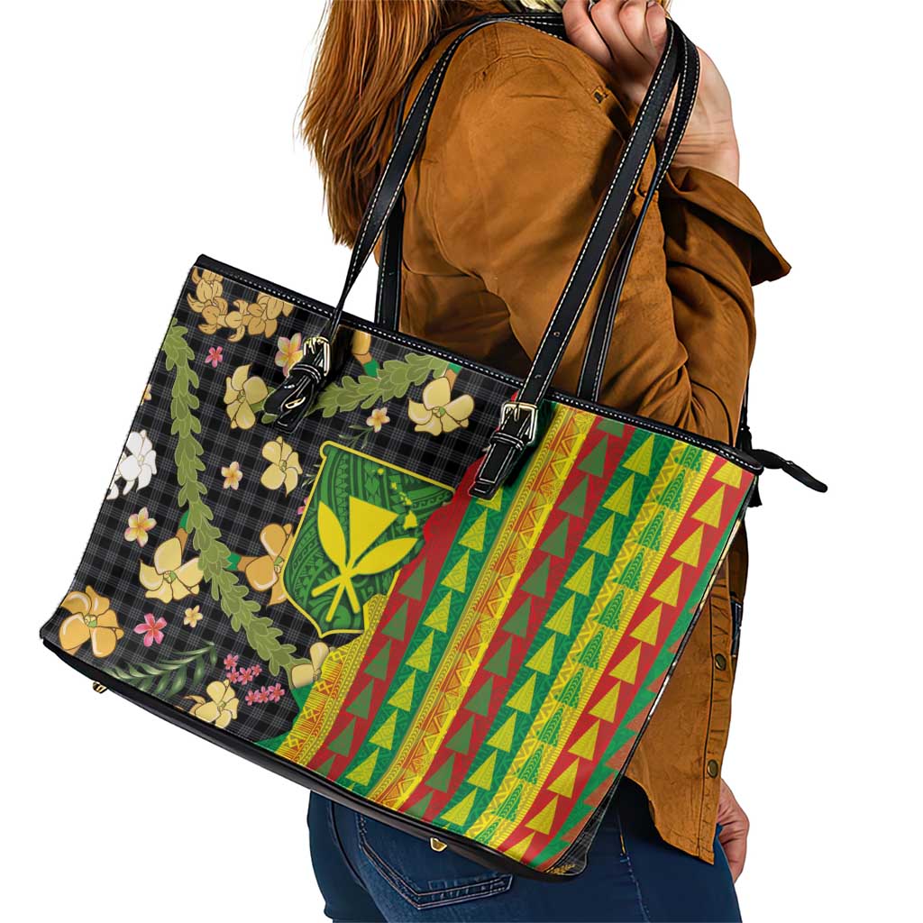 Hawaiian Tropical Plants Lei Leather Tote Bag Kanaka Maoli Tribal with Palaka Motifs LT03 - Polynesian Pride
