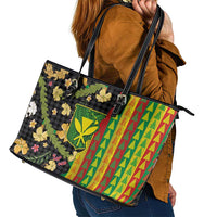 Hawaiian Tropical Plants Lei Leather Tote Bag Kanaka Maoli Tribal with Palaka Motifs LT03 - Polynesian Pride