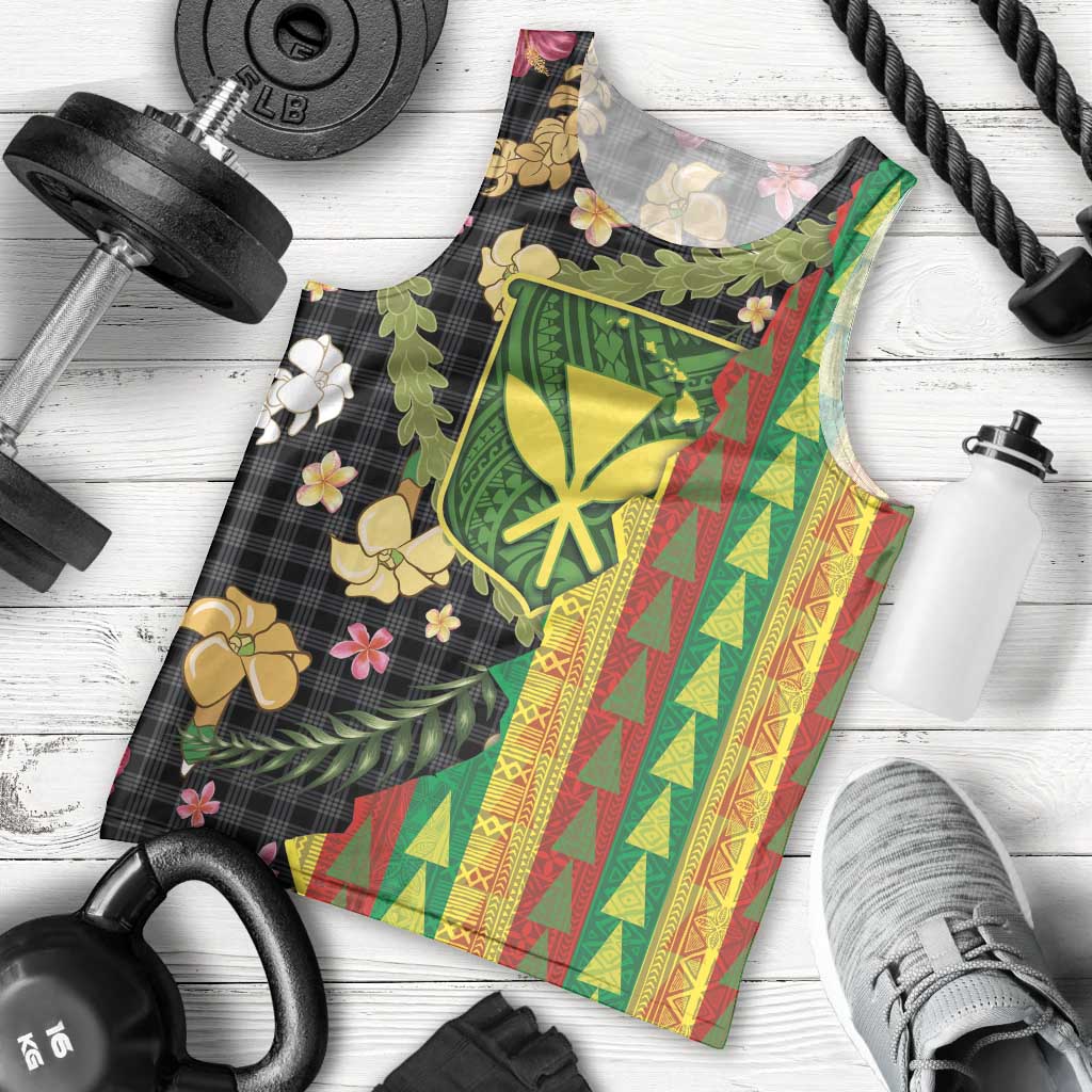 Hawaiian Tropical Plants Lei Men Tank Top Kanaka Maoli Tribal with Palaka Motifs LT03 - Polynesian Pride