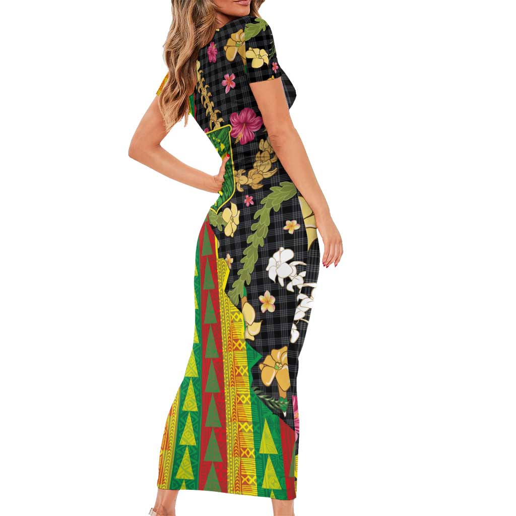 Hawaiian Tropical Plants Lei Short Sleeve Bodycon Dress Kanaka Maoli Tribal with Palaka Motifs - Polynesian Pride