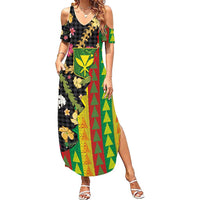 Hawaiian Tropical Plants Lei Summer Maxi Dress Kanaka Maoli Tribal with Palaka Motifs - Polynesian Pride