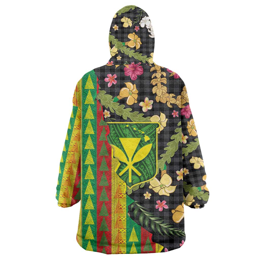 Hawaiian Tropical Plants Lei Wearable Blanket Hoodie Kanaka Maoli Tribal with Palaka Motifs - Polynesian Pride