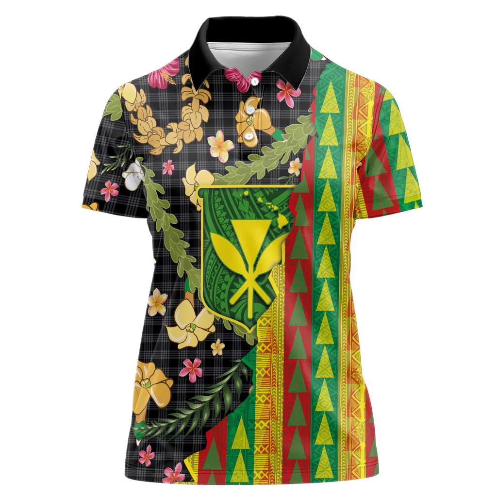Hawaiian Tropical Plants Lei Women Polo Shirt Kanaka Maoli Tribal with Palaka Motifs - Polynesian Pride