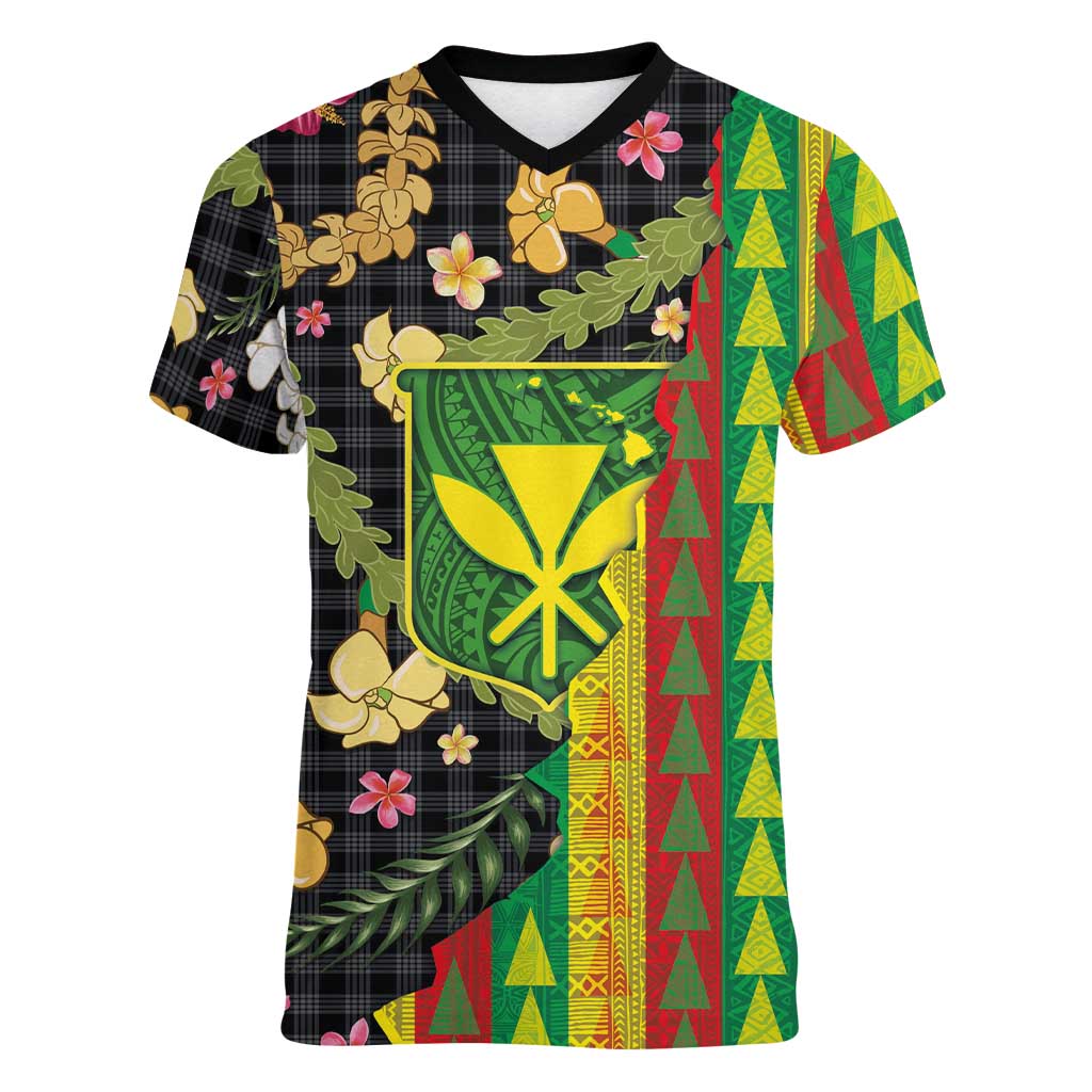 Hawaiian Tropical Plants Lei Women V-Neck T-Shirt Kanaka Maoli Tribal with Palaka Motifs - Polynesian Pride