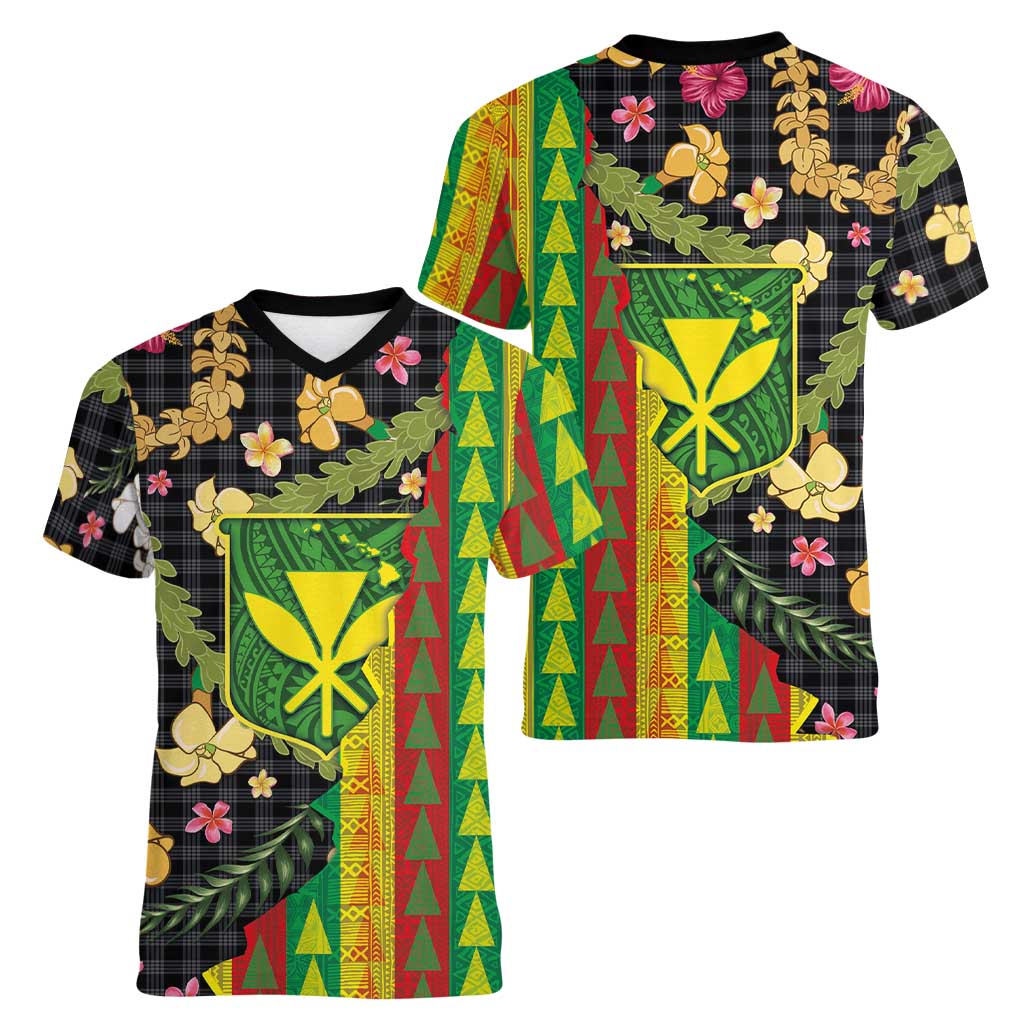 Hawaiian Tropical Plants Lei Women V-Neck T-Shirt Kanaka Maoli Tribal with Palaka Motifs - Polynesian Pride