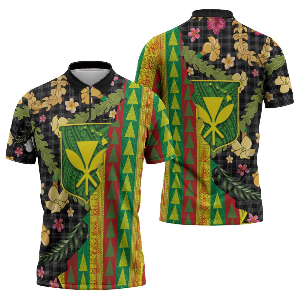 Hawaiian Tropical Plants Lei Zipper Polo Shirt Kanaka Maoli Tribal with Palaka Motifs - Polynesian Pride