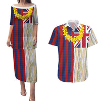 Hawaiian Tropical Plants Lei Couples Matching Puletasi and Hawaiian Shirt National Flag Style - Polynesian Pride