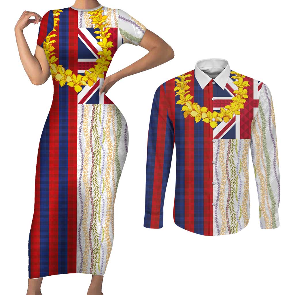 Hawaiian Tropical Plants Lei Couples Matching Short Sleeve Bodycon Dress and Long Sleeve Button Shirt National Flag Style LT03 Multicolor - Polynesian Pride