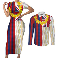 Hawaiian Tropical Plants Lei Couples Matching Short Sleeve Bodycon Dress and Long Sleeve Button Shirt National Flag Style LT03 Multicolor - Polynesian Pride