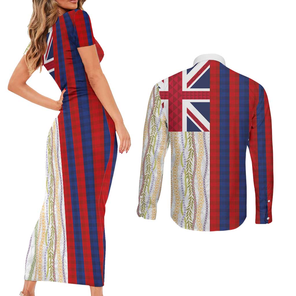 Hawaiian Tropical Plants Lei Couples Matching Short Sleeve Bodycon Dress and Long Sleeve Button Shirt National Flag Style LT03 - Polynesian Pride