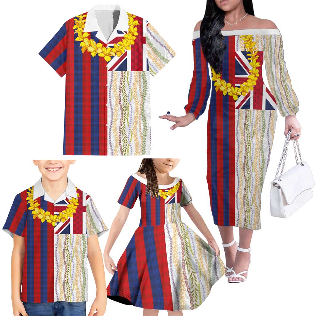 Hawaiian Tropical Plants Lei Family Matching Off The Shoulder Long Sleeve Dress and Hawaiian Shirt National Flag Style - Polynesian Pride
