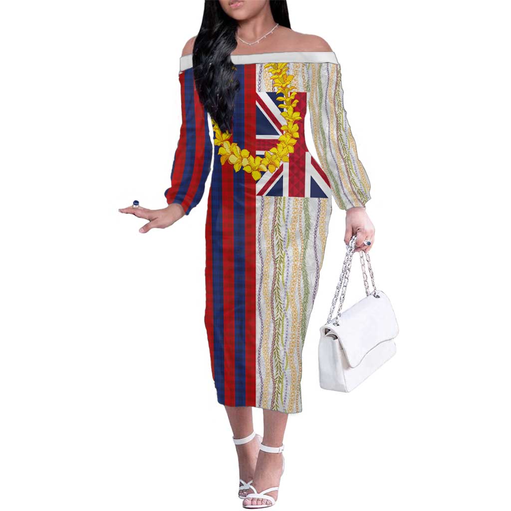 Hawaiian Tropical Plants Lei Family Matching Off The Shoulder Long Sleeve Dress and Hawaiian Shirt National Flag Style - Polynesian Pride