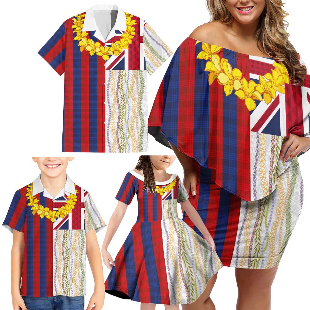 Hawaiian Tropical Plants Lei Family Matching Off Shoulder Short Dress and Hawaiian Shirt National Flag Style - Polynesian Pride