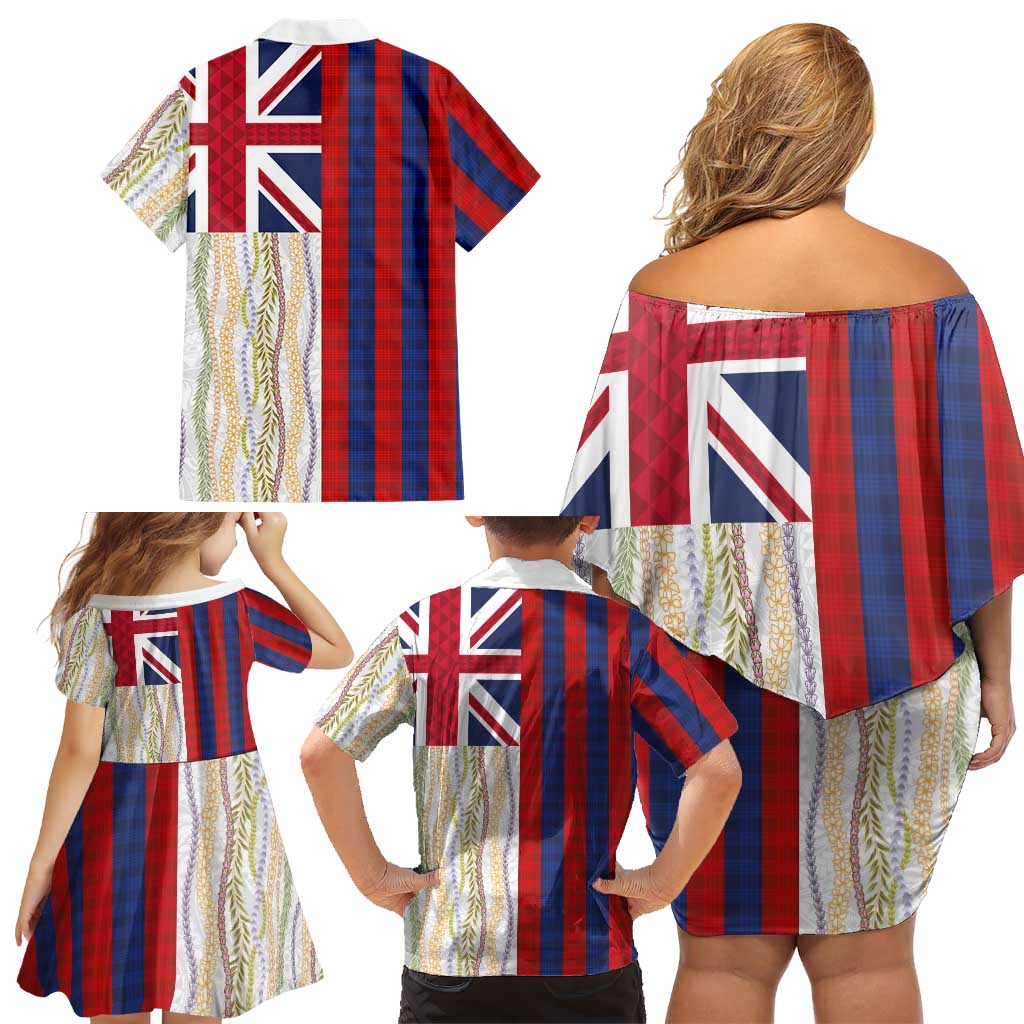 Hawaiian Tropical Plants Lei Family Matching Off Shoulder Short Dress and Hawaiian Shirt National Flag Style - Polynesian Pride