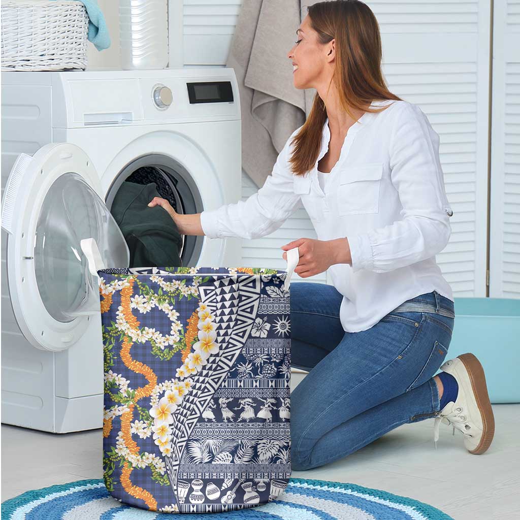 Hawaiian Plumeria Lei Laundry Basket Kakau Motifs and Palaka Half Style Blue Color LT03 - Polynesian Pride