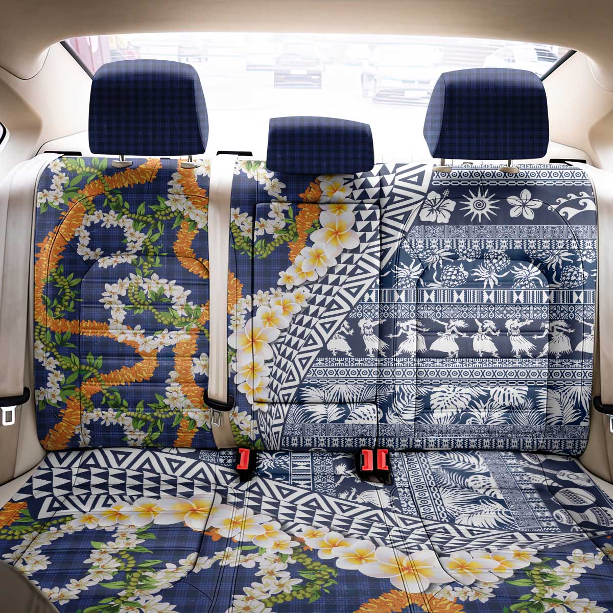 Hawaiian Plumeria Lei Back Car Seat Cover Kakau Motifs and Palaka Half Style Blue Color LT03 - Polynesian Pride