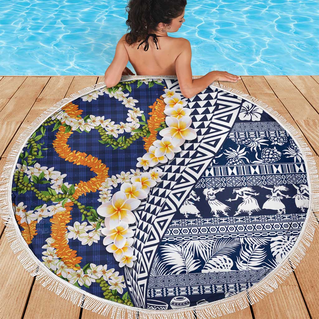 Hawaiian Plumeria Lei Beach Blanket Kakau Motifs and Palaka Half Style Blue Color LT03 - Polynesian Pride