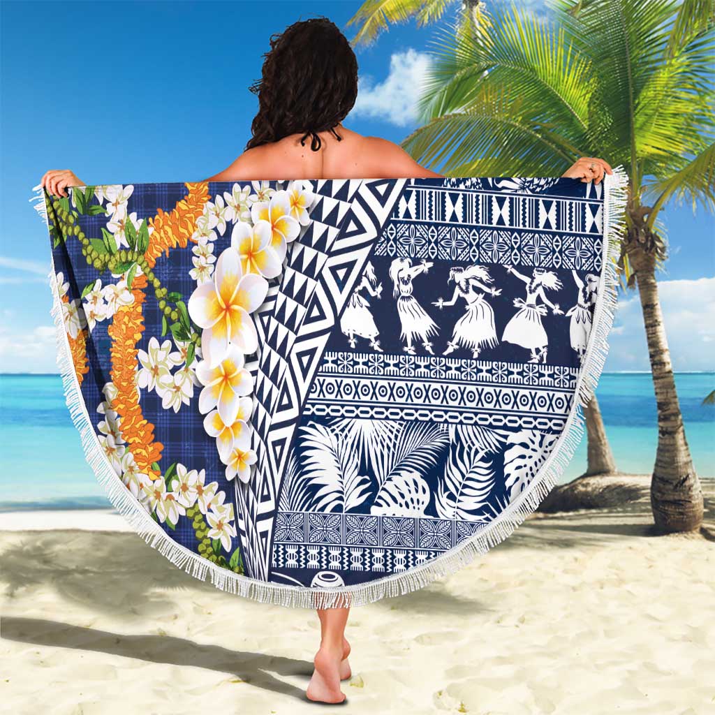 Hawaiian Plumeria Lei Beach Blanket Kakau Motifs and Palaka Half Style Blue Color LT03 - Polynesian Pride