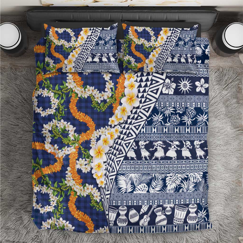 Hawaiian Plumeria Lei Bedding Set Kakau Motifs and Palaka Half Style Blue Color LT03 Blue - Polynesian Pride
