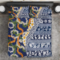 Hawaiian Plumeria Lei Bedding Set Kakau Motifs and Palaka Half Style Blue Color LT03 Blue - Polynesian Pride