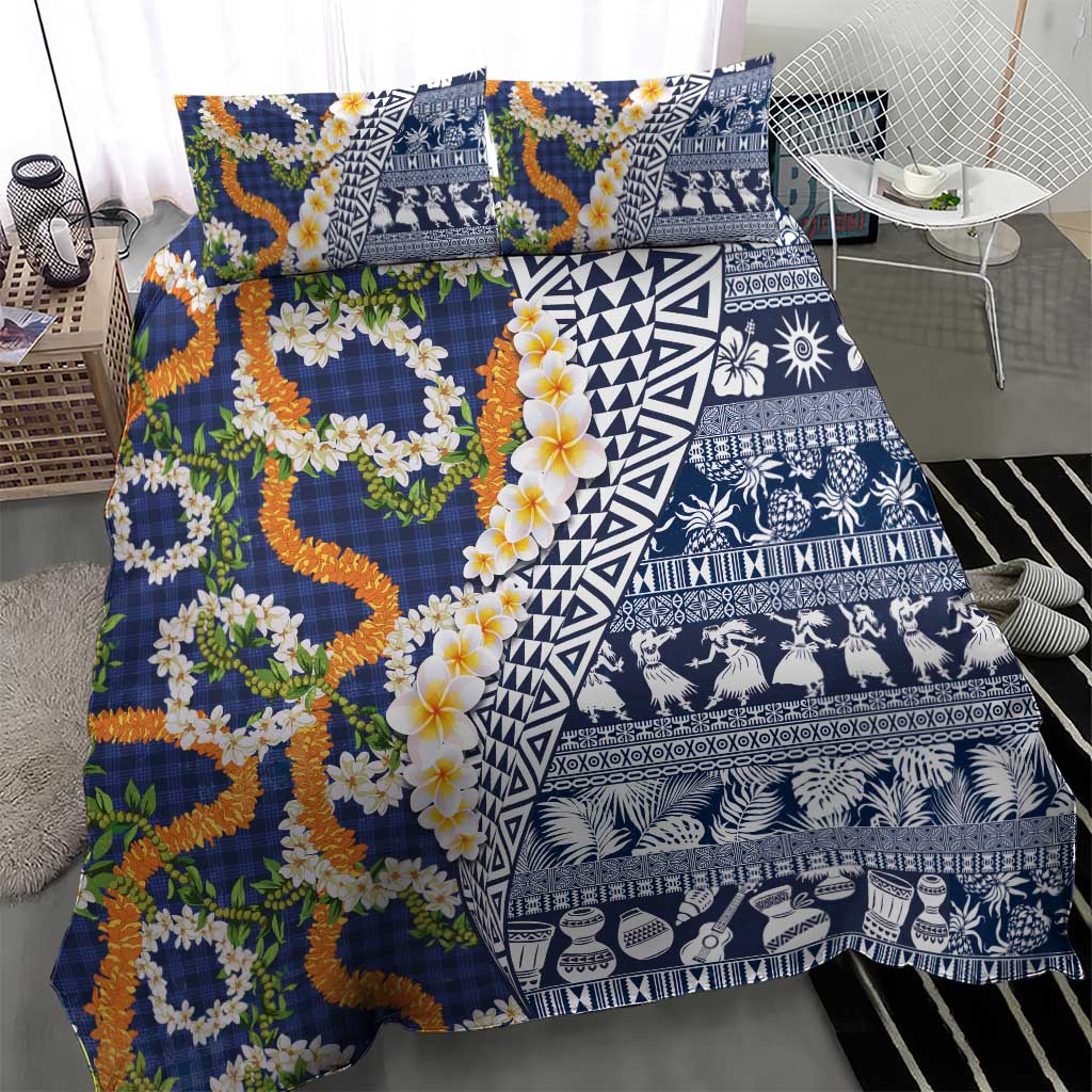 Hawaiian Plumeria Lei Bedding Set Kakau Motifs and Palaka Half Style Blue Color LT03 - Polynesian Pride