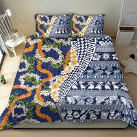 Hawaiian Plumeria Lei Bedding Set Kakau Motifs and Palaka Half Style Blue Color LT03 - Polynesian Pride