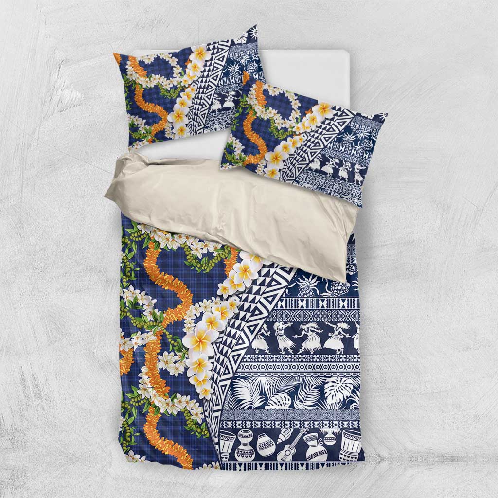 Hawaiian Plumeria Lei Bedding Set Kakau Motifs and Palaka Half Style Blue Color LT03 US Twin 172cm x 218cm Blue - Polynesian Pride