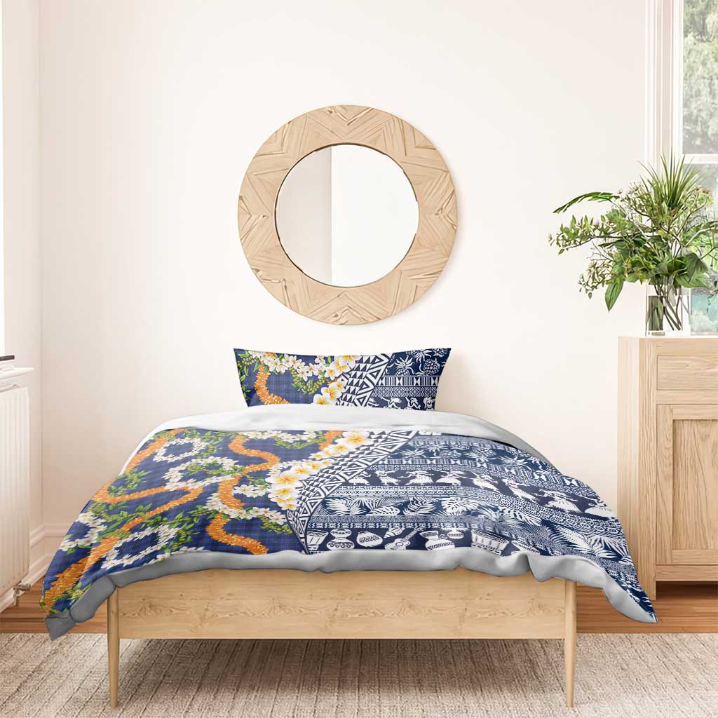 Hawaiian Plumeria Lei Bedding Set Kakau Motifs and Palaka Half Style Blue Color LT03 - Polynesian Pride