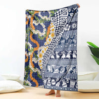 Hawaiian Plumeria Lei Blanket Kakau Motifs and Palaka Half Style Blue Color LT03 - Polynesian Pride