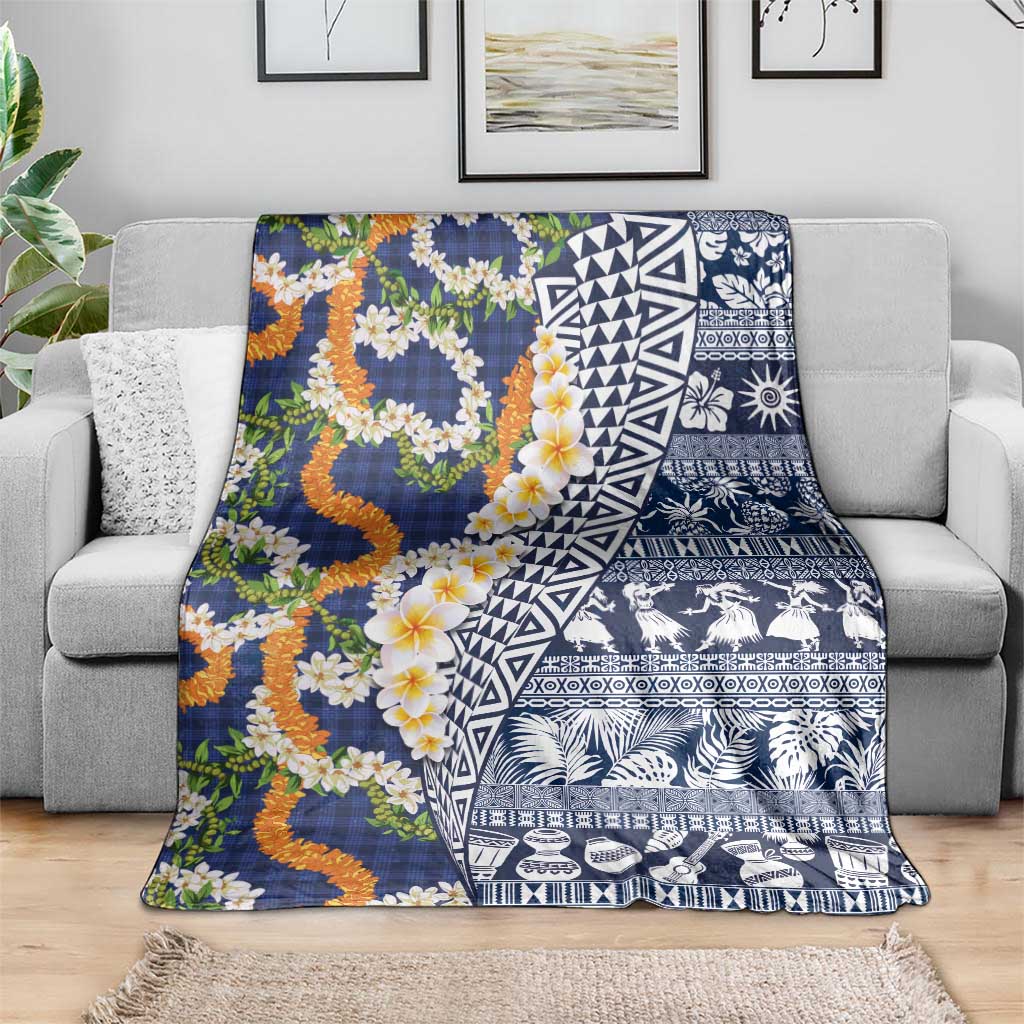 Hawaiian Plumeria Lei Blanket Kakau Motifs and Palaka Half Style Blue Color LT03 - Polynesian Pride