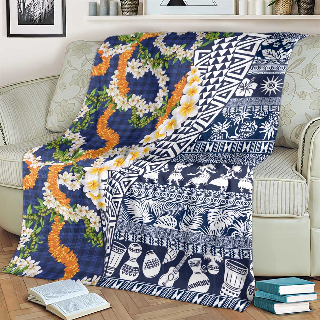 Hawaiian Plumeria Lei Blanket Kakau Motifs and Palaka Half Style Blue Color LT03 - Polynesian Pride