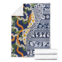 Hawaiian Plumeria Lei Blanket Kakau Motifs and Palaka Half Style Blue Color LT03 - Polynesian Pride