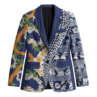 Hawaiian Plumeria Lei Blazer Kakau Motifs and Palaka Half Style Blue Color LT03 Unisex Blue - Polynesian Pride